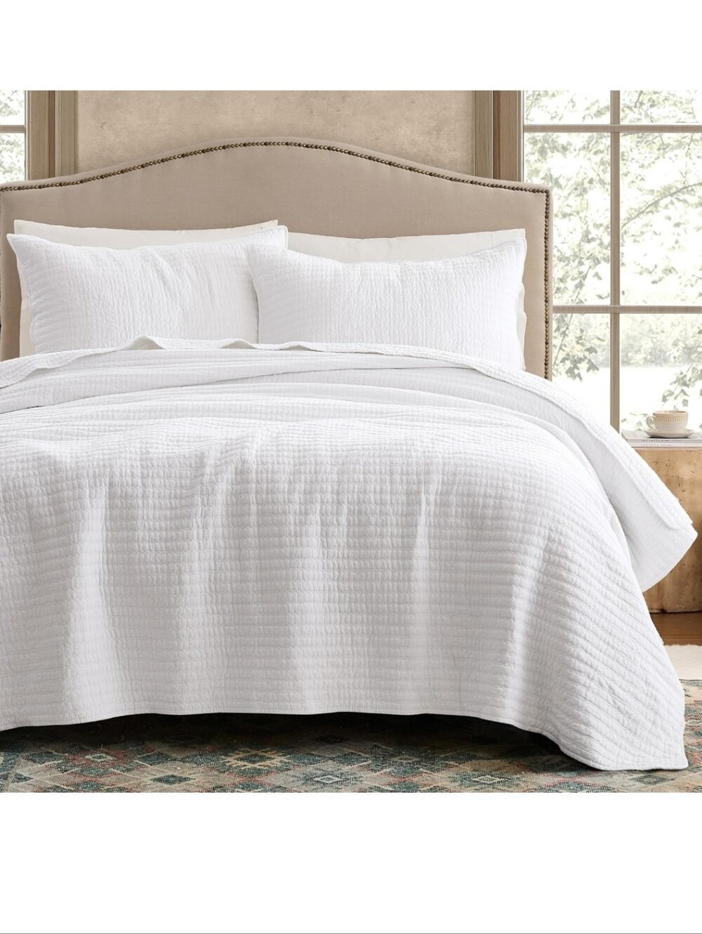 WDCOZY 100% Cotton CalKing Quilt Set White Striped Pick Stitch Soft Lightweight.